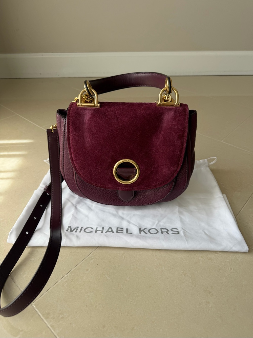 Michael Kors Wine Suede & Leather Satchel with Gold Hardware